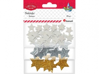 Naklejki piankowe brokatowe gwiazdki 3 kolory: białe, srebrne, złote mix rozmiarów 45szt.