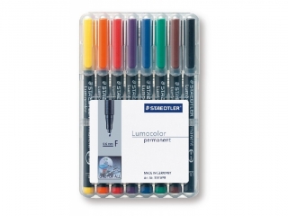 Foliopis Lumocolor, F, wodoodporny, zestaw 8 kol. (1, 2, 3, 4, 5, 6, 7, 9) w etui box, Staedtler