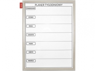 TABLICA PLANER MEMOBE TYGODNIOWY, NADRUK W KOLORZE CZARNYM, RAMA DREWNIANA LAKIEROWANA SREBRNA, 40X30 CM [opakowanie=6szt]