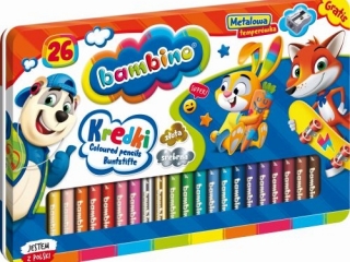 Kredki BAMBINO w oprawie drewnianej 26 kolorw metalowe pudeko + temperwka ZWIERZAKI UCZNIAKI [opakowanie=4szt]