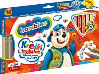 Kredki BAMBINO trjktne w oprawie drewnianej 18 kolorw + temperwka ZWIERZAKI UCZNIAKI [opakowanie=4szt]