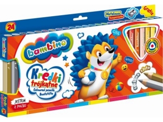 Kredki BAMBINO trjktne w oprawie drewnianej 24 kolory + temperwka ZWIERZAKI UCZNIAKI [opakowanie=4szt]