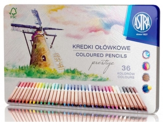 Kredki owkowe z drewna cedrowego okrge w metalowym pudeku ASTRA PRESTIGE 36 kolorw [opakowanie=4szt]