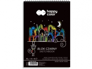 Blok czarny na spirali KOTY A5, 40 ark, 80g, Happy Color [opakowanie=5szt]