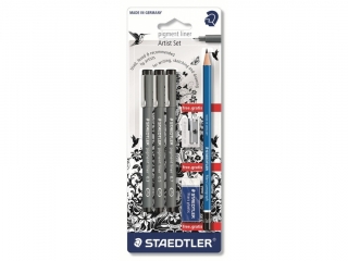 Zestaw na blistrze: 3 pisaki z atramentem pigmentowym (0.3, 0.5, 0.7mm) + ołówek 2B, gumka, temperówka gratis, Staedtler