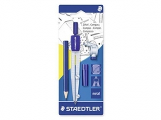Cyrkiel szkolny z uniwersalnym adapterem + etui na grafity + mały ołówek, blister, Staedtler