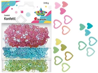 Konfetti Serca puste 7mm i pełne 5mm 3 kolory x10g kolory pastelowe: różowy, niebieski, zielony TITWAL