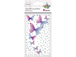 Krysztaki samoprzylepne dety holograficzne 3/3, 5/4, 5mm, motyle z organzy rowo-bkitne 20x14/30x20/40x28/48x33mm 117szt.