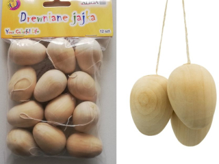 Drewniane jajka CDJ-9038 rozm. 4 cm ze sznureczkami. Opakowanie zawiera 12 szt.