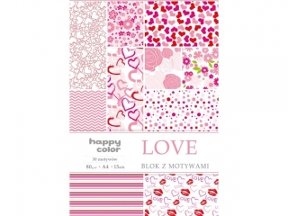 Blok z motywami LOVE, 80g/m2, A4, 15 ark, 30 motyw, Happy Color [opakowanie=10szt]