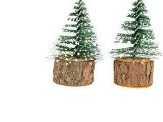 Choinki z tworzywa CHP-5 na drew. podstawce, przypruszone niegiem, rozm.  5cm, op. 2szt.