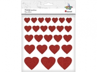 Naklejki piankowe brokatowe serca 20x18/24x22/29x25/37x32/49x44mm czerwone 25szt.