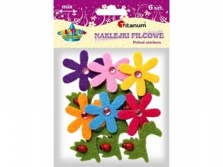 Naklejki filcowe 3D kwiaty 50x80mm z kryształkiem i drewnianą biedronką mix kolorów 6szt. TITWLK