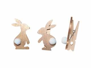 Klamerki drewniane z dekorem naturalne 7x45mm krliczki bokiem drewniane 33x55mm z pomponem biaym 2 wzory 6szt. TITWLK
