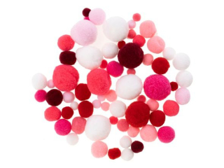 Pompony kolor: biały i odcienie różowego rozmiar: 1cm, 1.5cm, 2cm, 2.5cm, 3cm waga: 20g