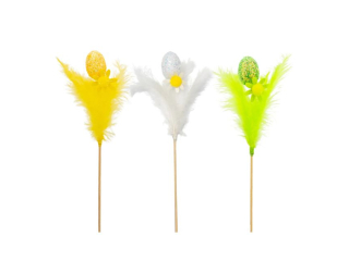 Pisanki z brokatem z pi�rkami na piku rozmiar: 3, 5 x 3 x 36 cm w opakowaniu: 3 wzory kolor: bia�y, zielony, ��ty