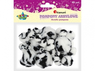 Pompony akrylowe cętki tygrysa 45szt. mix rozmiarów biało-czarne