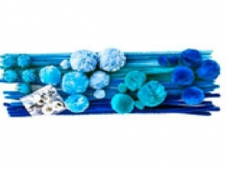 Zestaw: druciki, pompony, oczka 80szt. niebieski