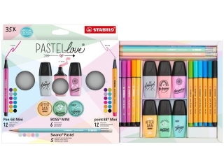 Zestaw Cienkopis STABILO point 88 mini/Flamaster STABILO Pen 68 Mini/zakreślacz BOSS Mini Pastellove 2.0/ołówek Swano Pastel - etui 35 szt.