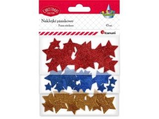 Naklejki piankowe brokatowe gwiazdki 3 kolory: czerwone, granatowe, złote mix rozmiarów 45szt.