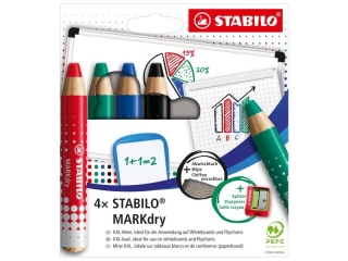 Kredka do tablic suchocieralnych STABILO MARKdry etui 4 szt. z temperwk i ciereczk [opakowanie=10szt]