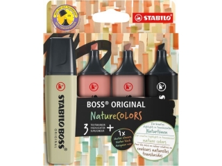 Zakrelacz STABILO BOSS ORIGINAL NatureCOLORS etui kartonowe 4 szt. (ziele botna, sjena, umbra + czarny marker) [opakowanie=5szt]