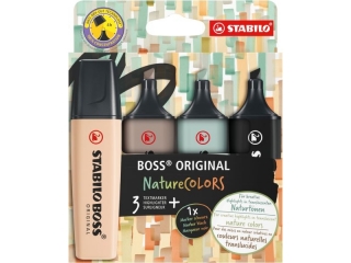 Zakrelacz STABILO BOSS ORIGINAL NatureCOLORS etui kartonowe 4 szt. (cielisty, szary ciepy, ziele ziemista + czarny marker) [opakowanie=5szt]