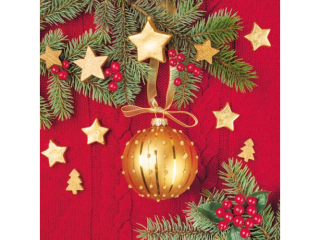 Serwetki POL-MAK GWIAZDKA Daisy Lunch 33cm 20szt. Gold Bauble on Red Wool Background SD_GW_014901  [opakowanie=24szt]