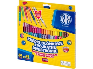 Kredki owkowe trjktne dwustronne ASTRA - 24=48 kolorw z temperwk - zota i srebrna kredka w komplecie  [opakowanie=6szt]