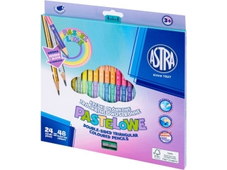 Kredki owkowe trjktne dwustronne pastelowe ASTRA PASTEL LINE - 24=48 kolorw z temperwk, zoto-srebrna kredka w komplecie  [opakowanie=6szt]
