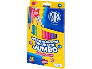 Kredki owkowe trjktne jumbo ASTRA - 12 kolorw z temperwk, zota i srebrna kredka w komplecie  [opakowanie=12szt]