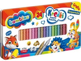 Kredki BAMBINO 24 kolory metalowe pudeko + temperwka ZWIERZAKI UCZNIAKI [opakowanie=4szt]