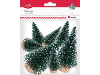 Drzewka miniaturowe plastikowe Choinki zielone 7szt. 2 rozmiary 2x wysokość 10cm, szerokość u dołu korony 50mm 5x wysokość 6cm, szerokość u dołu koron