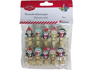 Klamerki drewniane z dekorem żółte 7x35mm dekory pingwiny w czapkach 5 wzorów mix rozmiarów (20x26/20x22/27x26/21x23mm) 10szt.