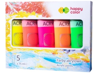 Farba akrylowa zestaw 5 kolorów x 75 ml, kolory fluo, Happy Color
