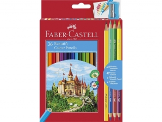 KREDKI ZAMEK 36 KOL.+3 KREDKI DW USTRONNE+OŁÓWEK+TEMPERÓWKA FABER-CASTELL