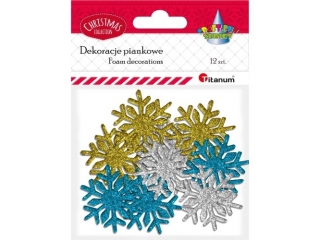 Piankowe śnieżynki brokatowe o60mm złote, srebrne, błękitne 12szt.