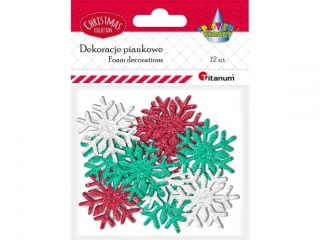 Piankowe śnieżynki brokatowe o60mm białe, zielone, różowe 12szt.