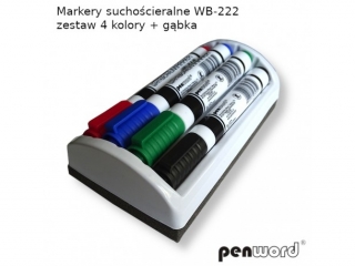 MARKERY SUCHOŚCIERALNE WB-222 ZESTAW 4 KOLORY+GĄBKA