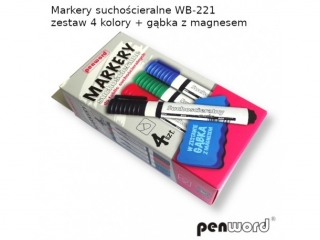 MARKERY SUCHOŚCIERALNE WB-221 ZESTAW 4 KOLORY+GĄBKA Z MAGNESEM PAPIEROWY BOX