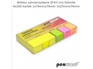 NOTESY SAMOPRZYLEPNE ZI-63 MIX KOLORÓW 4X200 KARTEK 1x76mmx76mm 3x25mmx76mm