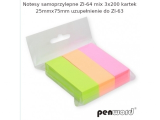 NOTESY SAMOPRZYLEPNE ZI-64 MIX 3X200 KARTEK 25mmx76mm UZUPEŁNIENIE DO ZI-63