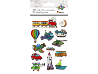 Naklejki foliowe 3D na piance 3D pojazdy 13szt. pocig, samolot, balon, rakieta, helikopter, ufo, czog, autobus, auto, rakieta, statek, agwka, d