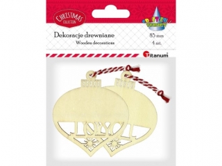Drewniane zawieszki bombki ażurowe JOY 75x85mm z biało-czerwonym sznurkiem 4szt.