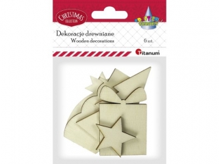 Drewniane dekoracje choinka 35x75mm, gwiazdka 35/25mm, prezent 39x57mm, gwiazda betlejemska 62x29mm bałwanek 35x70mm 6szt.