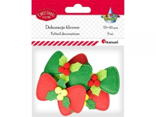 Filcowe kokardki 70x40mm z ostrokrzewem z filcu i pomponw czerwone, zielone 6szt.