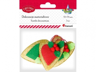 Filcowe serca zawieszki 55x70 z ostrokrzewem z filcu i pomponw szyfonowa zawieszka zoto-czerwone, zoto-zielone 3szt.