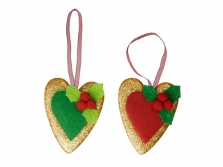 Filcowe serca zawieszki 55x70 z ostrokrzewem z filcu i pomponw szyfonowa zawieszka zoto-czerwone, zoto-zielone 3szt.