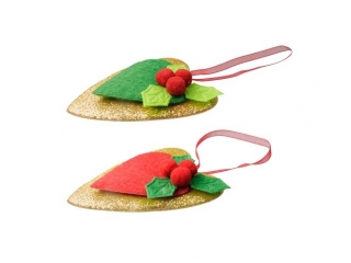 Filcowe serca zawieszki 55x70 z ostrokrzewem z filcu i pomponw szyfonowa zawieszka zoto-czerwone, zoto-zielone 3szt.