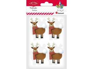 Naklejki papierowe 3D renifery 42x57mm z pomponem 8szt. 2 plansze